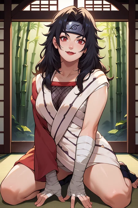 score_9, score_8_up, score_7_up, score_6_up, source_anime, 1girl, solo, <lora:kurenaiyuhi-pdxl-nvwls-v1-000005:1> kurenai, red eyes, black hair, long hair, forehead protector, lipstick, fishnet top, single sleeve, white dress, bandages, bandaged arm, toeless footwear, seiza, kneeling, indoors, japanese architecture, bamboo mat, looking at you, smile, hands on own legs