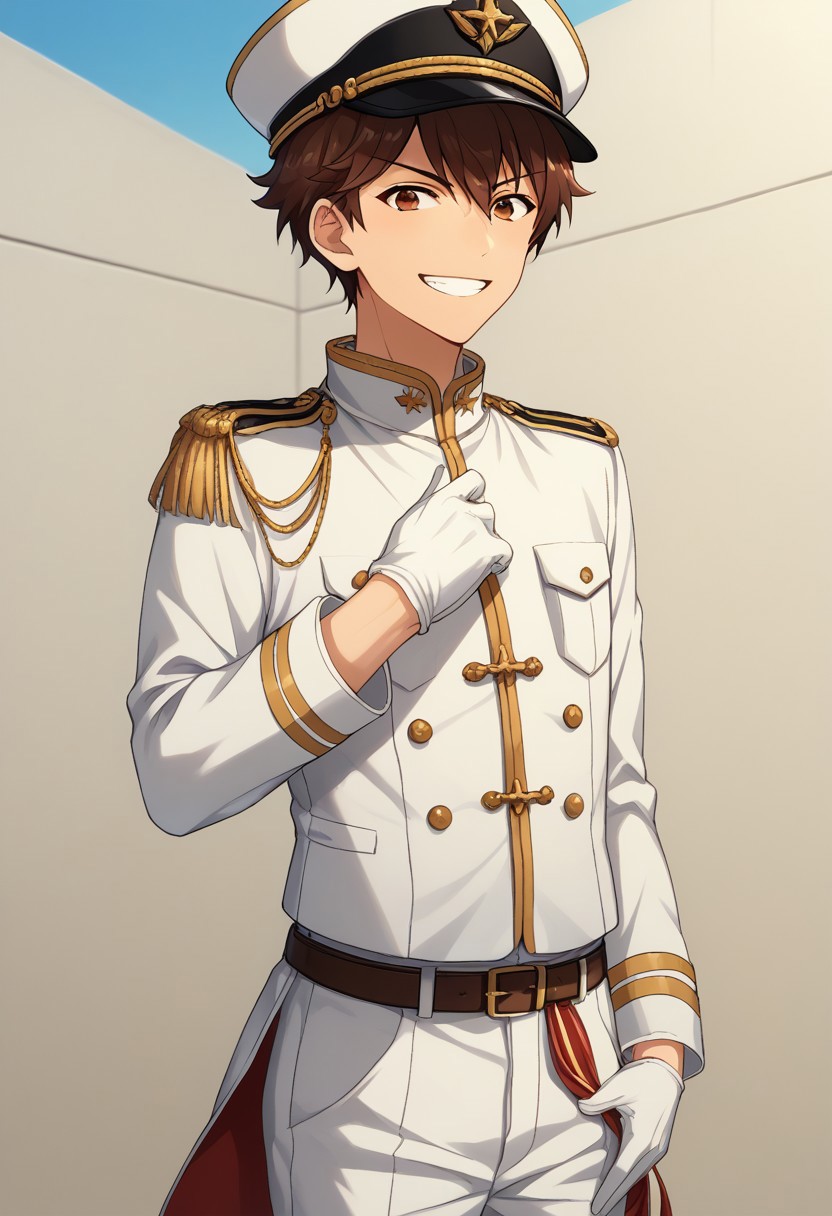 score_9, score_8_up, score_7_up, source_anime, highly detailed, 
chiaki, 1boy, male focus, gloves, hat, brown hair, solo, white gloves, smile, uniform, brown eyes, white pants,
looking at viewer, epaulettes, peaked cap, military uniform, military, aiguillette, belt, adjusting clothes, grin,
outdoor, upper body,
