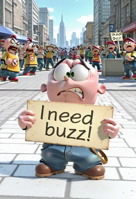 masterpiece,best quality,amazing quality,very aesthetic,absurdres,newest, beautiful color,
detailed hands, outdoors, city, 3d,  dynamic pose, super smash bros style, fake screenshot, ingame, 3d model, smash bros stage, stage background, front view, crowded, angry videogame characters in background,
1boy, eddyboy, sc4m, yellow shirt, blue jeans, worried expression, looking at viewer, need_buzz, holding sign, sign says i need buzz power,