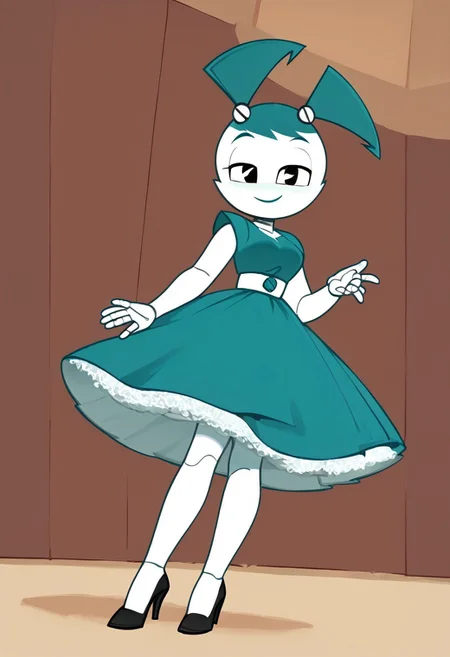 (Masterpiece, best quality:1.2), score_9, score_8_up, flat color, flat shading, soft shading, lighting, Jenny Wakeman as an adult, in a 1950's full length formal blue skirt, a white belt, button down v-neck formal black top, a fluffy frilly ruffled full white petticoat, and black high heels, dress, layered petticoat, frilly petticoat, fluffy petticoat, full petticoat, detailed petticoat ((wide skirt, detailed outfit, flowing skirt, long skirt, solid blue colored skirt, black high heels)), blue hair, series accurate, cute, best high quality, high res, robot, humanoid robot, medium breasts, whole body shot, 1girl, ((solo, outdoors, looking at you, low angle)), cute, seductive, seductive smile, half lidded eyes, low angle shot, cartoon, cartoon style, vector, solo, circle dress, 1950s, whisperfoot_style, dance dress jenny, jenny wakeman, 1girl, solo, robot joints, black eyes, white skin, ponytail, hair bow, blue rose chest corsage, poofy dress, blue hair, flat lighting