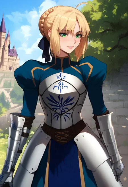 (score_9, score_8_up, score_7_up, high quality, best quality, ultra-detailed, very aesthetic, illustration, perfect composition, intricate details, absurdres, high res image, masterpiece, vibrant colors, beautiful face, detailed face, 1girl, solo focus, perfect eyes, detailed eyes), SaberArmor, female, green eyes, blonde hair, short hair, french braid, ahoge, light blush, pale skin, full lips, large thighs, perfect body, fit body, voluptuous, medium breasts, curvy body, narrow-waisted, wide hips, (breastplate, blue dress, gauntlets, juliet sleeves, faulds), (teasing expression, small smile, suggestive pose), (outdoors, castle, fantasy, medieval architecture)
