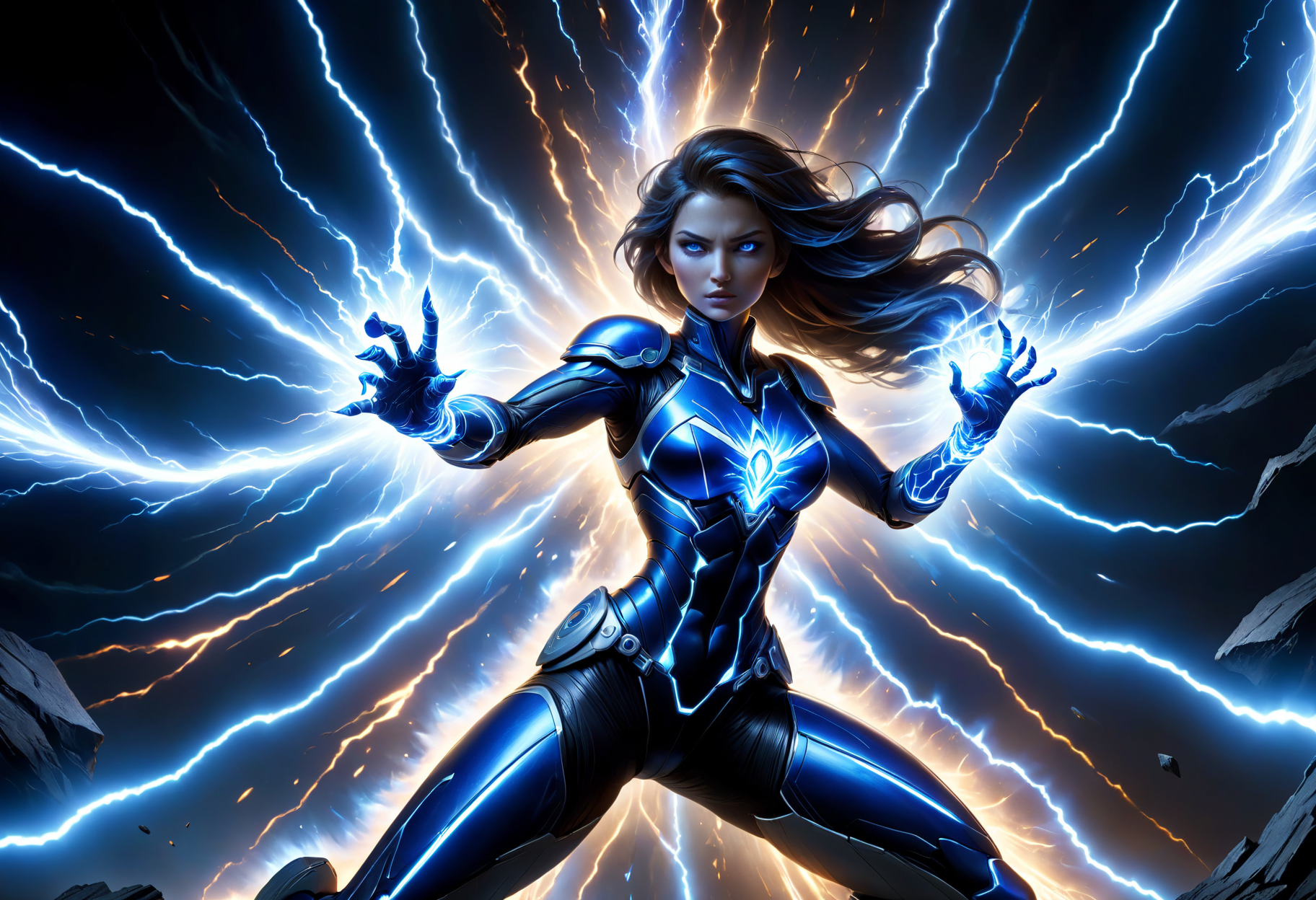 hyper detailed masterpiece, dynamic, awesome quality, female sentinel   jagged streaks of electric blue white energy, crackling intensely around a pulsating core, sizzles and pops with static, ground is faintly glowing DonMM4g1cXL <lora:DonMM4g1cXL_v1.2:0.7> <lora:Perfect Hands v2:1.0> Perfect Hands