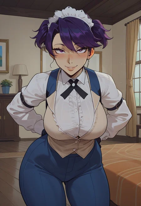 safe_pos, score_9,score_8_up,score_7_up, (High Resolution), (More Details), (8K), (High Resolution), mature woman, adult woman, 1girl, cute face, kikunop3, purple hair, short hair, short twintails, maid headdress, vest, shirt, slightly unbuttoned shirt, slightly open shirt, pants, gloves, holster, cleveage, perfect face, slim body, clevage, soft breast, plump breast, bstyptit, busty petite, sexy girl, beautiful eyes, round ass, big breasts, wide hips, thicc, petite figure, thick thighs, long legs,thick legs, perfect face, detailed eyes, perfect black eyes, beautiful eyes, big round eyes, wide hips, thin waist, indoors, living room, mansion, rich interior, night, nightime, night sky, moon, (skin indentation:1.5),  big breasts, big boobs, 
score_9, score_8_up, score_7_up, score_6_up, score_5_up, score_4_up, BREAK, 1girl, solo, soft smile, small smile, blushing, half open eyes, hands behind back, leaning forward, facing viewer, looking at viewer,  eye contact with viewer