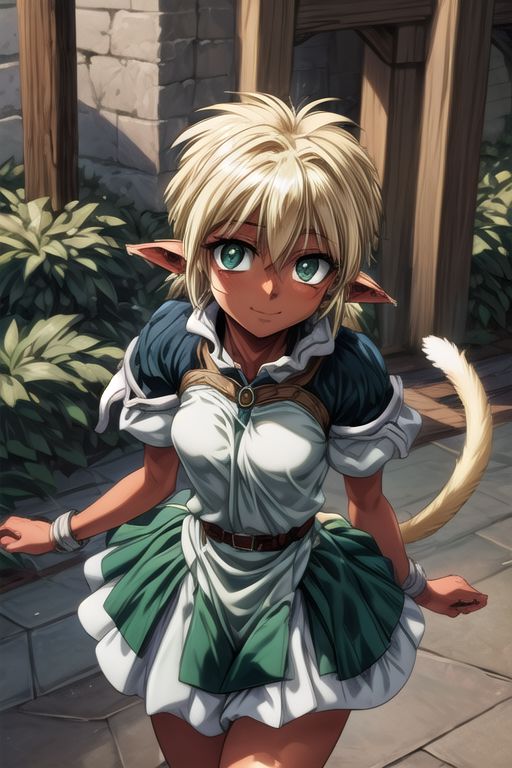 best quality, ultra-detailed, (1girl, solo,fam, blonde hair, (green eyes:1.5), pointy ears, Small breasts, dark skin, dark-skinned female, elf, long pointy ears, tail, Brutal smile, Narrow eyes), tutu skirt, ng_deepnegative_v1_75t, easynegative
