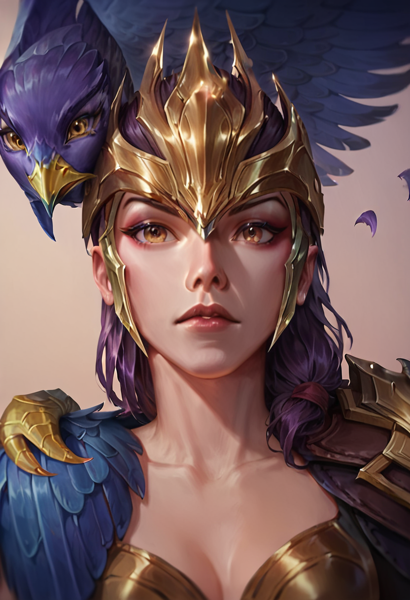 score_9, score_8_up, beautiful, gorgeous, pretty, perfect, masterpiece, high detail, (1 girl:2), (detailed face:1.8), (face focus:1.5), (zoom in:1.4), league of legends, league_of_legends, Quinn, golden eyes, brown hair, dark purple hair, golden helmet, leather armor, golden shoulder, crossbow, (hawk on shoulder:1.8) <lora:Classic_Quinn_PonyXL_LoL:0.8>