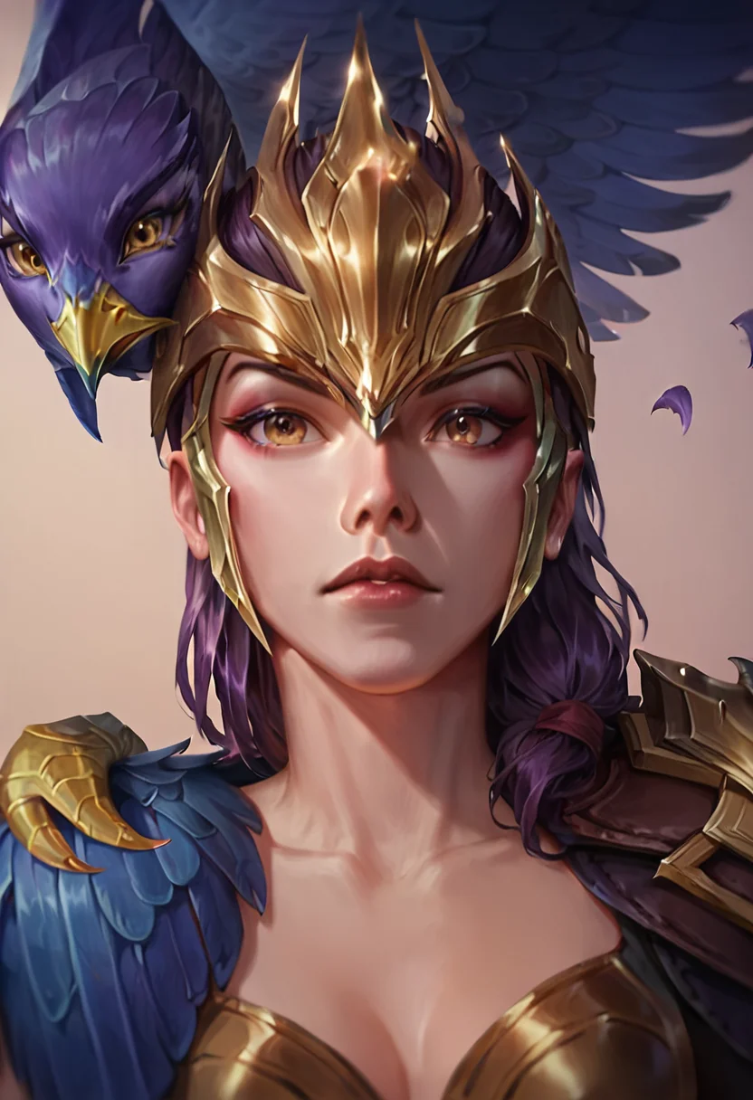 score_9, score_8_up, beautiful, gorgeous, pretty, perfect, masterpiece, high detail, (1 girl:2), (detailed face:1.8), (face focus:1.5), (zoom in:1.4), league of legends, league_of_legends, Quinn, golden eyes, brown hair, dark purple hair, golden helmet, leather armor, golden shoulder, crossbow, (hawk on shoulder:1.8) <lora:Classic_Quinn_PonyXL_LoL:0.8>