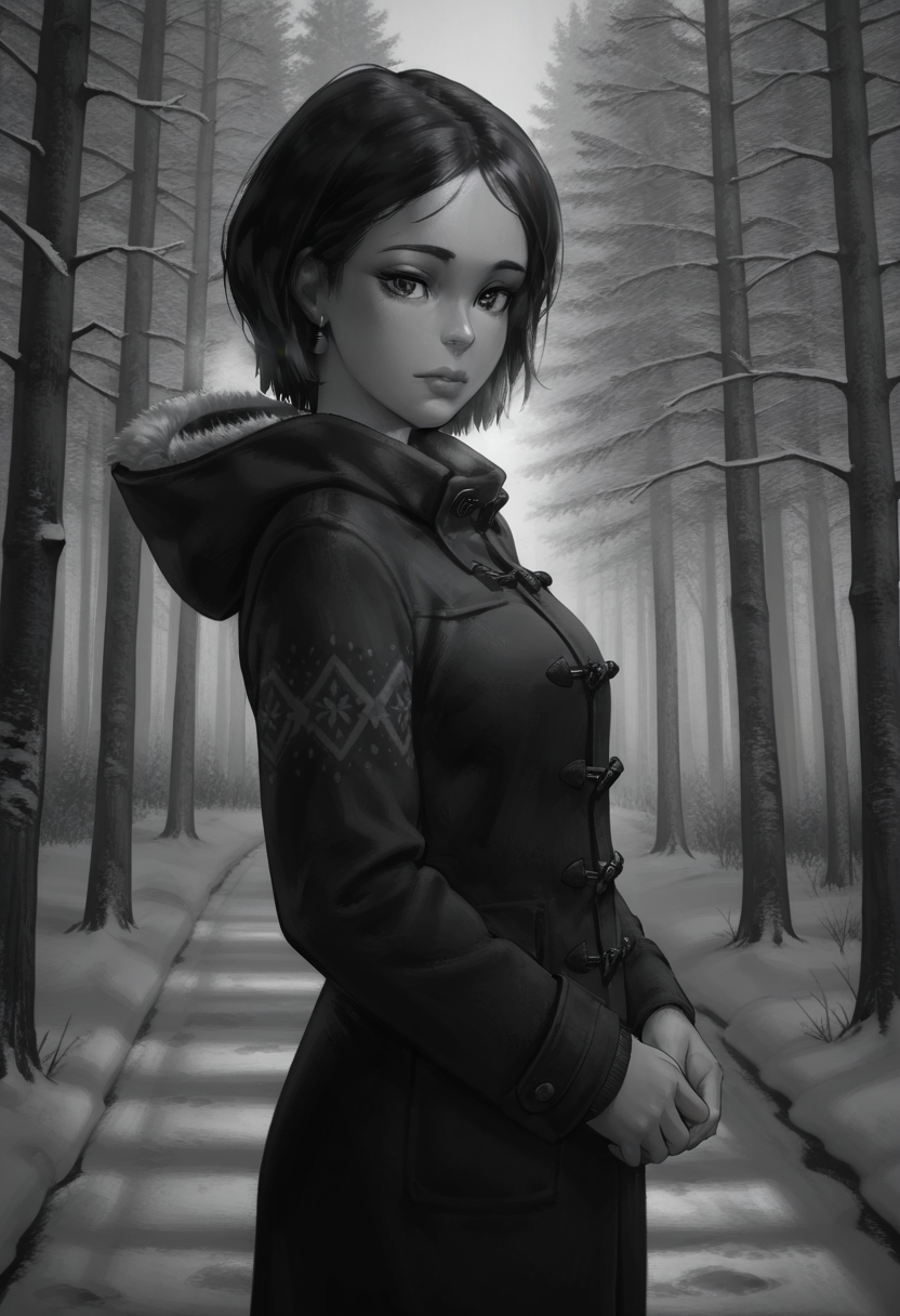 Graphic Design, greyscale, monochrome, intricate details, high contrast, detailed background, beautiful detailed, beautiful face, detailed eyes, detailed face, new, k4r1n4, 1girl, solo, jewelry, short hair, earrings, black hair, winter clothes, cowboy shot, looking at viewer, forest, snow, winter, (from side:0.8), (masterpiece, best quality, newest, recent, absurdres),