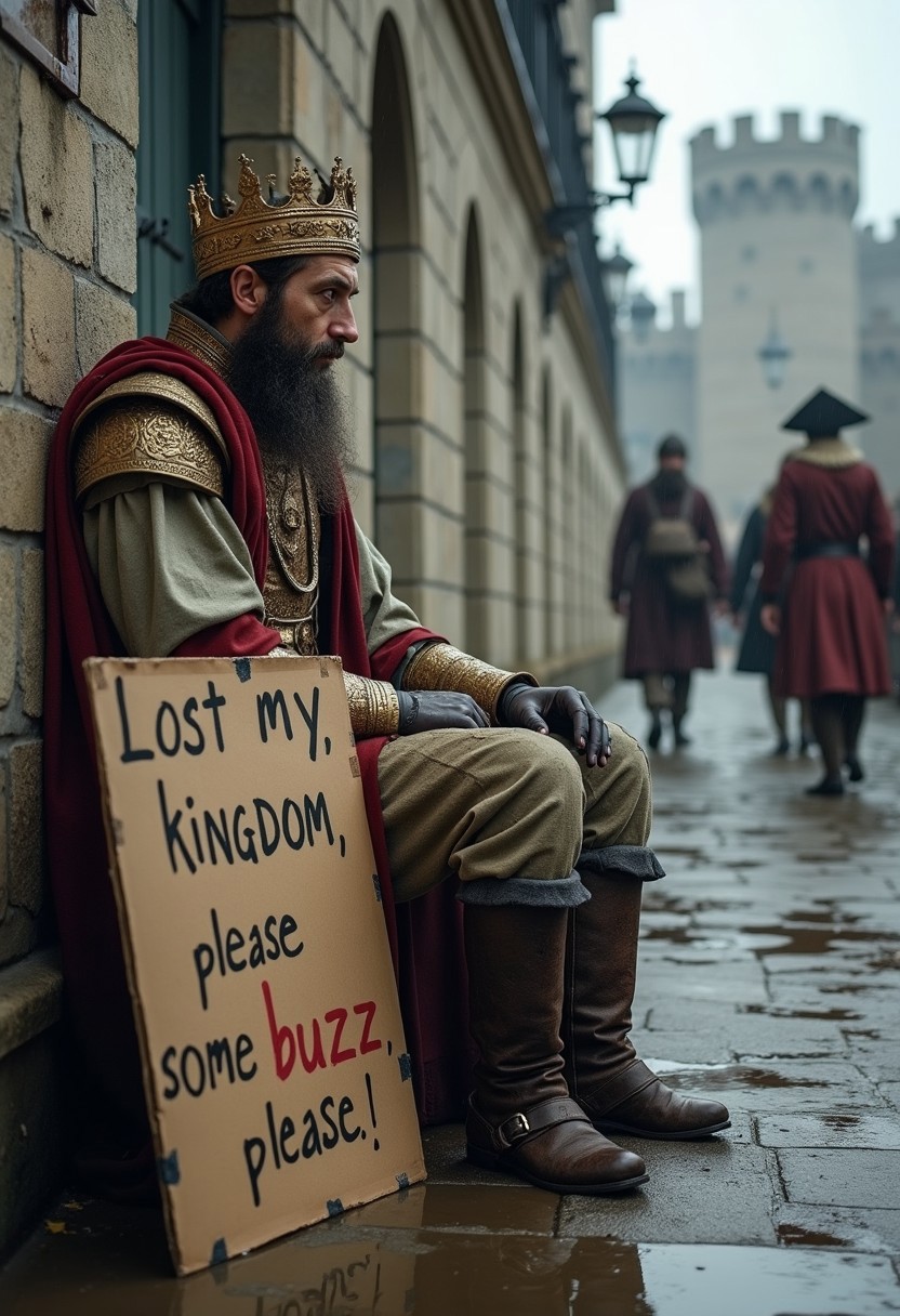 A realistic picture of a king in dirty medieval noble outfit sitting against a castle wall holding a cardboard sign that reads "Lost my kingdom, please donate some buzz, please!" It is wet and miserable outside, and the mood is depressing. Medieval townsfolk walk past the king as he sits there begging for buzz.