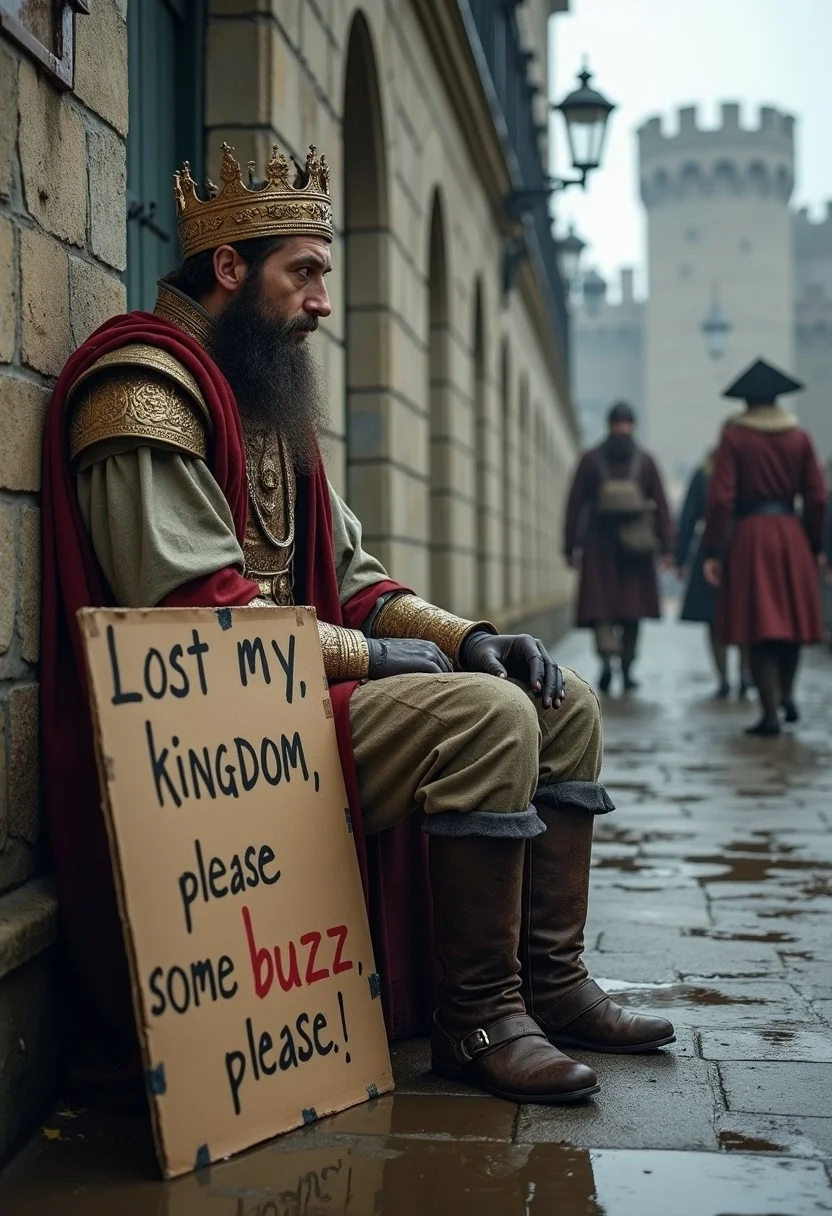 A realistic picture of a king in dirty medieval noble outfit sitting against a castle wall holding a cardboard sign that reads "Lost my kingdom, please donate some buzz, please!" It is wet and miserable outside, and the mood is depressing. Medieval townsfolk walk past the king as he sits there begging for buzz.