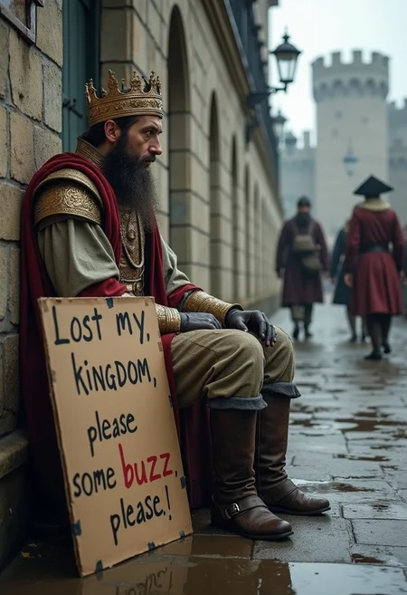 A realistic picture of a king in dirty medieval noble outfit sitting against a castle wall holding a cardboard sign that reads "Lost my kingdom, please donate some buzz, please!" It is wet and miserable outside, and the mood is depressing. Medieval townsfolk walk past the king as he sits there begging for buzz.
