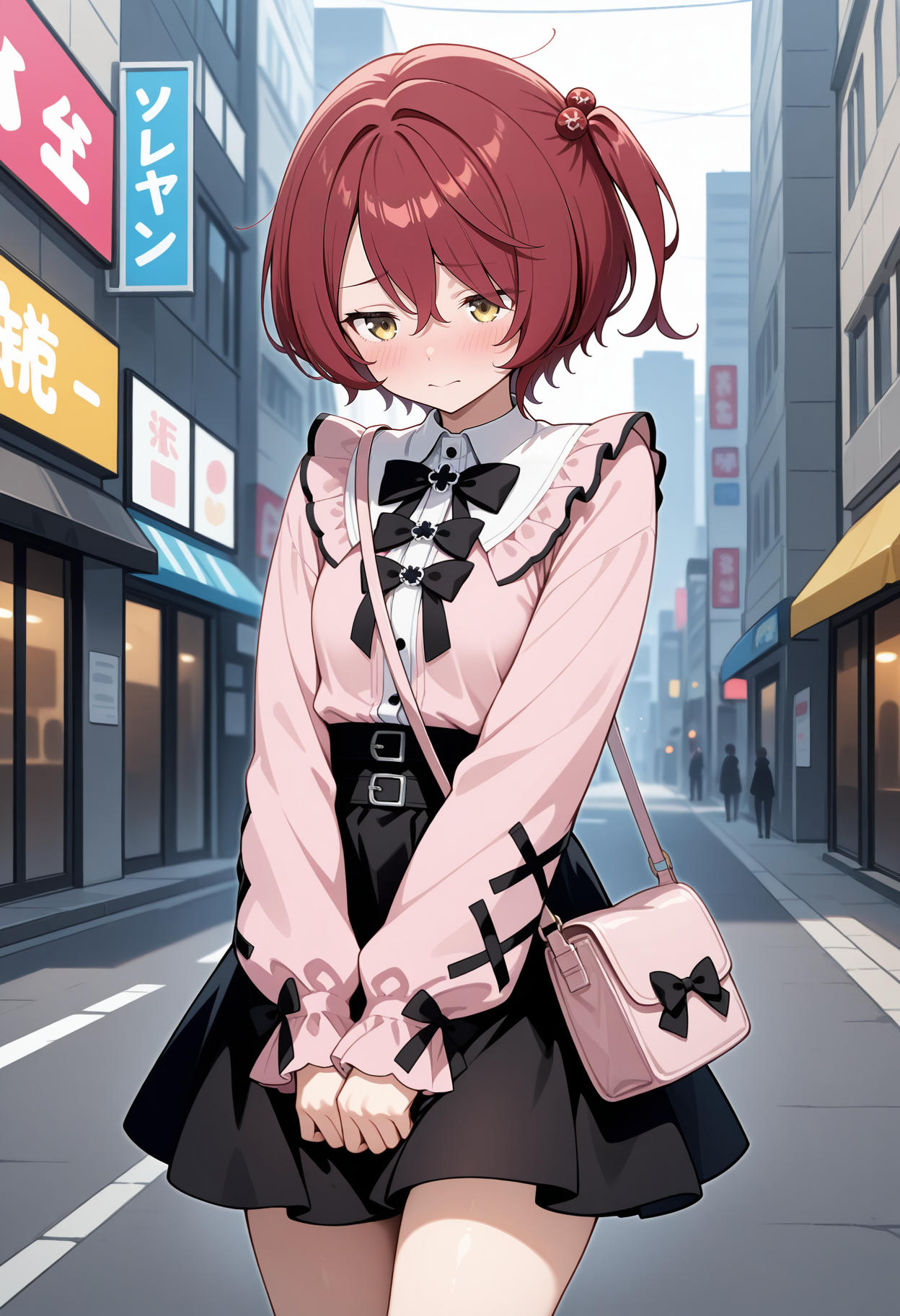 aakomari, short hair, red hair, one side up, hair bobbles, <lora:komari_chika_ilxl_v1:0.9>, solo, jirai kei, v arms, shoulder bag, embarrassed, looking down, standing, cowboy shot, city, street, 
ultra-detailed, masterpiece, newest, best quality