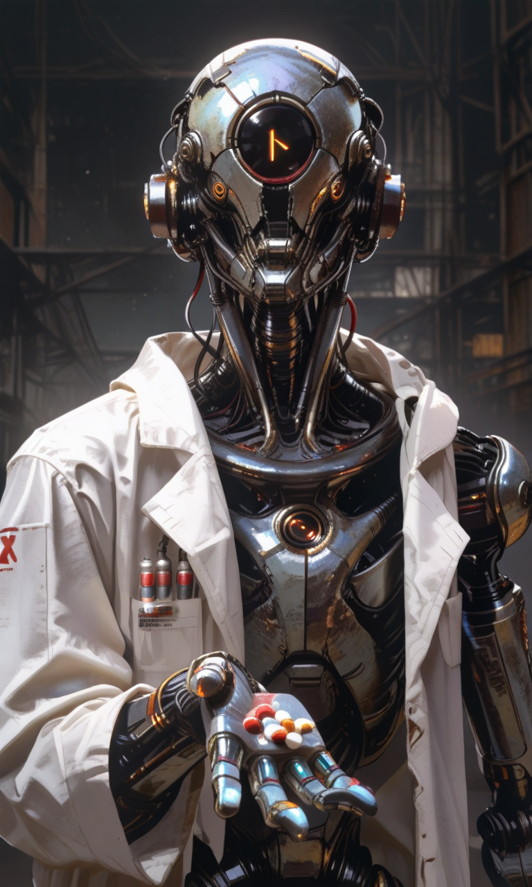 Photograph of a humanoid robot with a metallic segmented head  reaching out to the viewer offering pills you definitely need wearing a tattered white lab coat set against a dark industrial background<lora:- iLL - the_edgy_mech_V2.0-step000013500:1>