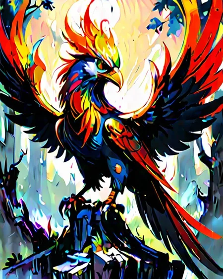 <lora:Dark_Novel:0.7> illustration of a powerful (tree ent, mythical enchanting bird, fire, light, vibrant flaming fiery plumage, flaming radiant wings, majestic regal appearance, beauty, immortality, resurrection, elusive, magical nature,) BREAK fantastical background <lora:neg4all_bdsqlsz_xl_V9:0.7> <lora:detailed_notrigger:0.7> <lora:EnvyEnhanceXL01:0.7>