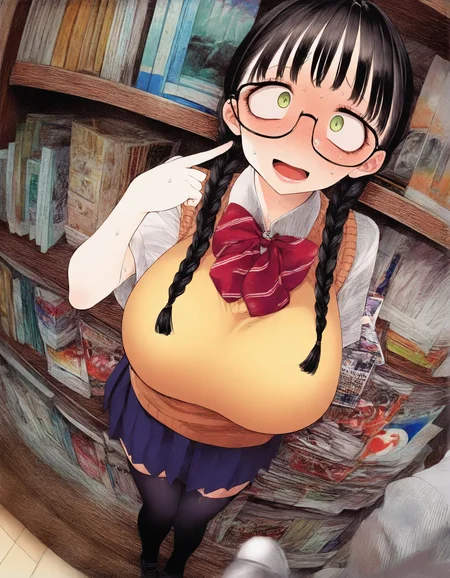 a girl is standing, shelves with magazines, eyefish, twin braids, school uniform,open mouth, sweat, nervous smile, black hair, bangs, large breasts, glasses, thighhighs, bowtie, sweater vest, skirt, full body, long hair, hatching \(texture\), looking at viewer, pov, dutch angle, pointing at self, 
,,,,,,,,,,,,
masterpiece, absurdres, highres, 
 <lora:hirune_style_illustrious01_v2-000037:1>