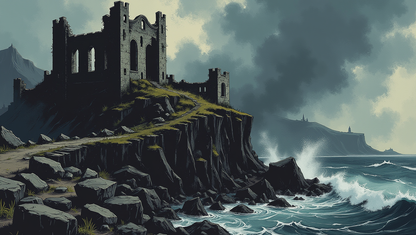 d4rkc0mic . An ancient castle, now in ruins, sits atop a rocky cliff overlooking a stormy sea. The castleâs walls are crumbling, and ivy has overtaken much of the stonework. The sky is dark and overcast, with flashes of lightning illuminating the jagged rocks below. Waves crash violently against the cliff, sending sprays of water high into the air
  <lora:dark-comic:1.0>
