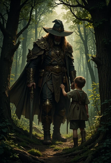 A mysterious woodsman guiding children out of a haunted woodland, German Folklore Figures,<lora:FluxMythG0thicL1nes:0.5>, G0thicL1nes