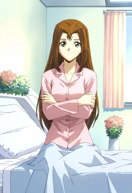 score_9, score_8_up, score_7_up
YGOSerenityWheeler, 1girl, long hair, brown hair, hair intakes, green eyes, brown eyes, pink pajamas, pink shirt, long sleeves,
Rating_safe
sitting, hands on hcrossed arms, dynamic pose, cowboy shot, female focus, indoors, hospital, hospital bed, windows, bed, tv, flowers, looking at viewer
