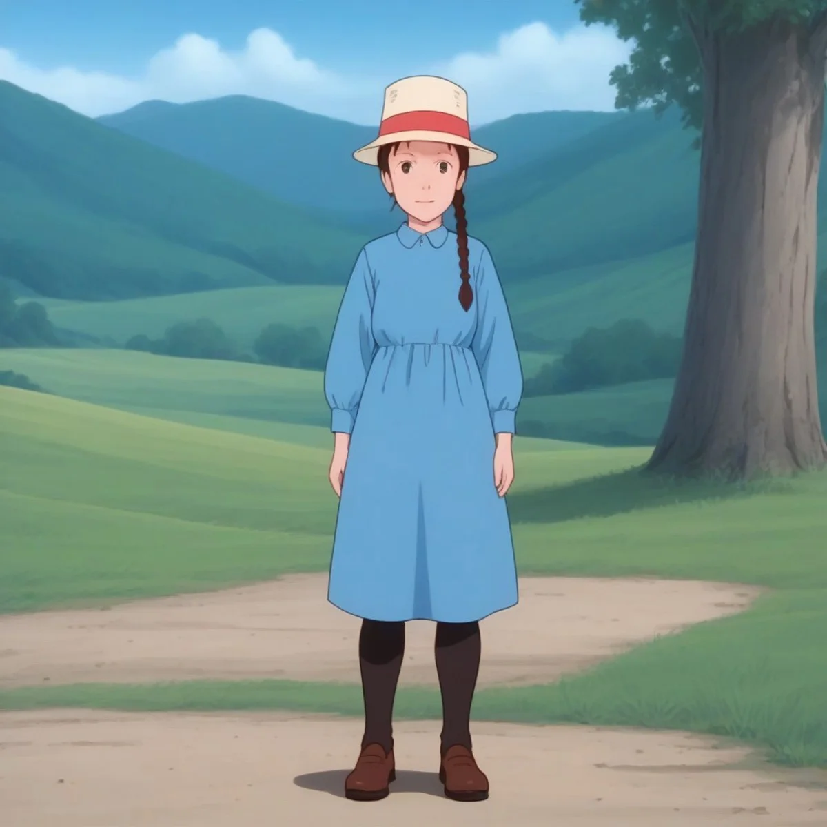 1girl, solo, Lucy May, braid, hat, full body, standing, legs wide, front view,