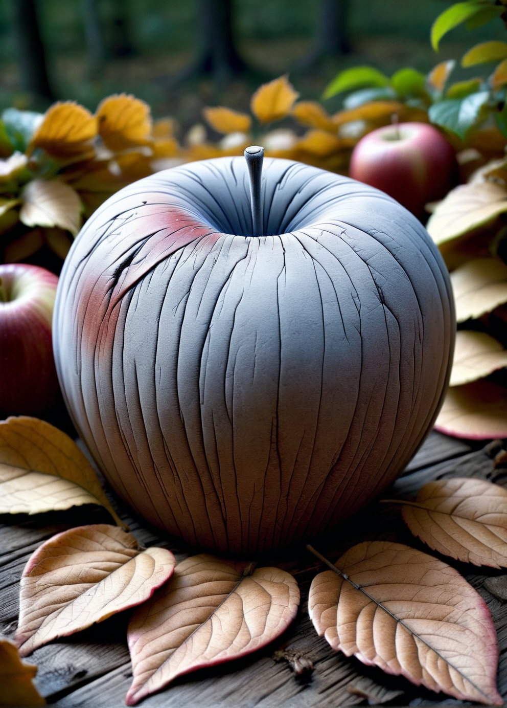 An ais-rghhwn apple with a surface like aged leather, nestled in a bed of fallen leaves <lora:ais-rghhwn-sdxl:1>