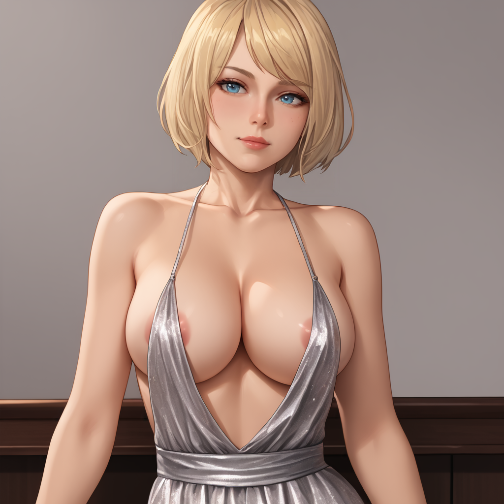 <lora:ashleyre4remake_pony_v1:.8>  Ashley, 1girl, solo, short hair, blonde hair, blue eyes, lips, bob cut,  cowboy shot, cowboy shot <lora:luxurious-wheels-ponyxl-lora-nochekaiser:1>  luxurious wheels, silver dress, cowl neck, evening gown, plunging neckline, cleavage, collarbone, bare shulders, halter dress, backless dress, underboob, sideboob, areola,