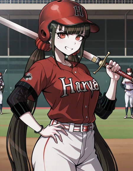 masterpiece, best quality, amazing quality,, <lora:maki-harukawa-ingame-illustriousxl-lora-nochekaiser:1>, maki harukawa, harukawa maki, long hair, bangs, brown hair, black hair, hair ornament, red eyes, twintails, very long hair, hairclip, blunt bangs, mole under eye, low twintails, scrunchie, hair scrunchie, red scrunchie, mature female, medium breasts, <lora:baseball-uniform-illustriousxl-lora-nochekaiser:1>, baseball uniform, baseball, striped belt, shirt under shirt, sportswear, ribbed shirt, baseball helmet, baseball jersey,, <lora:sword-over-shoulder-illustriousxl-lora-nochekaiser:1>, sword over shoulder, weapon over shoulder, holding, holding sword, holding weapon, sword, hand on own hip, grin, looking at viewer,, annoyed, open mouth, , ,