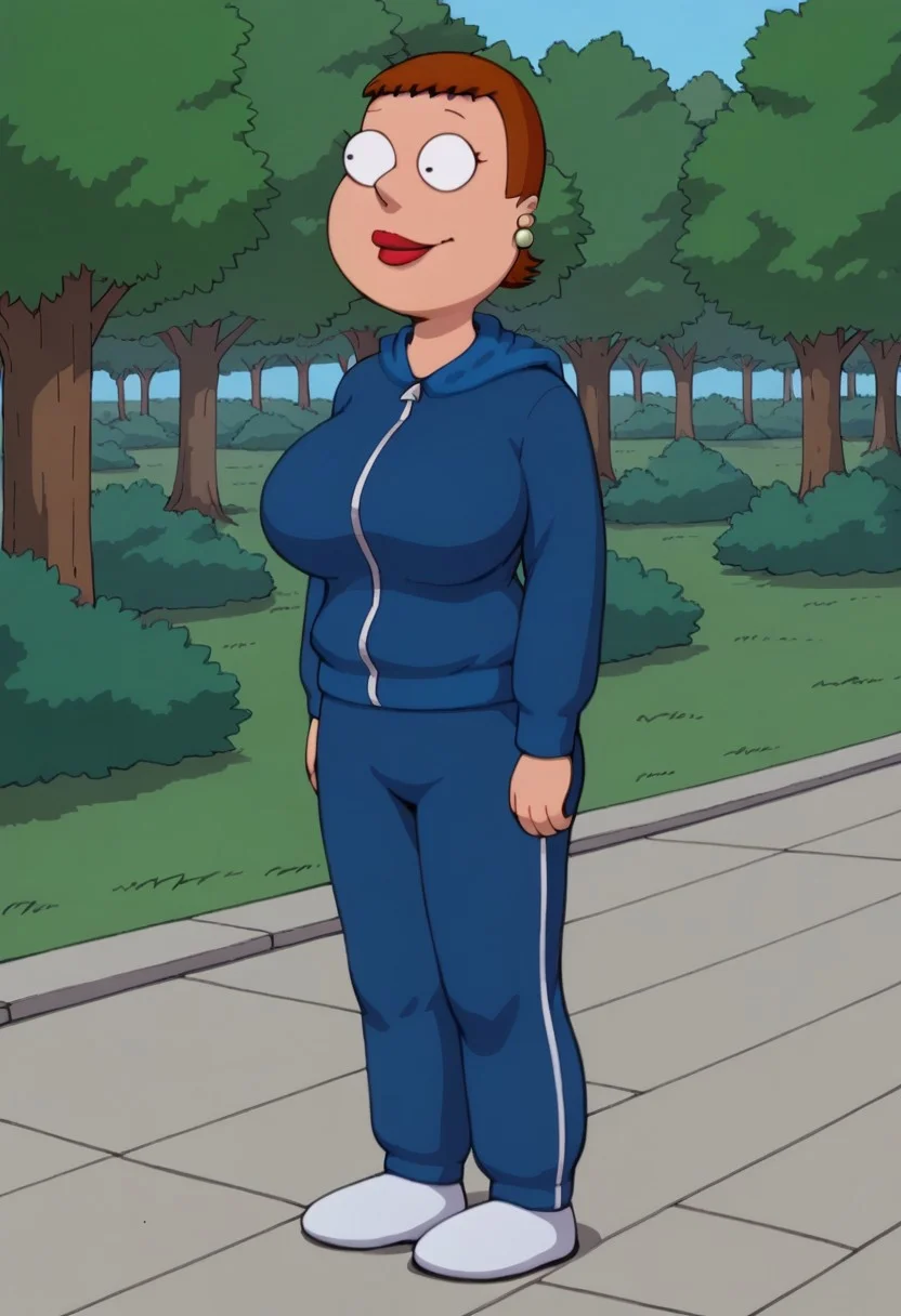 score_9_up, score_8_up, BREAK, high quality, Jennifer, 1girl, solo, brown hair, short hair, black eyes, derp eyes, lipstick, earrings, huge breasts, hips, thighs, hoodie, pants, white footwear, outdoors, forest