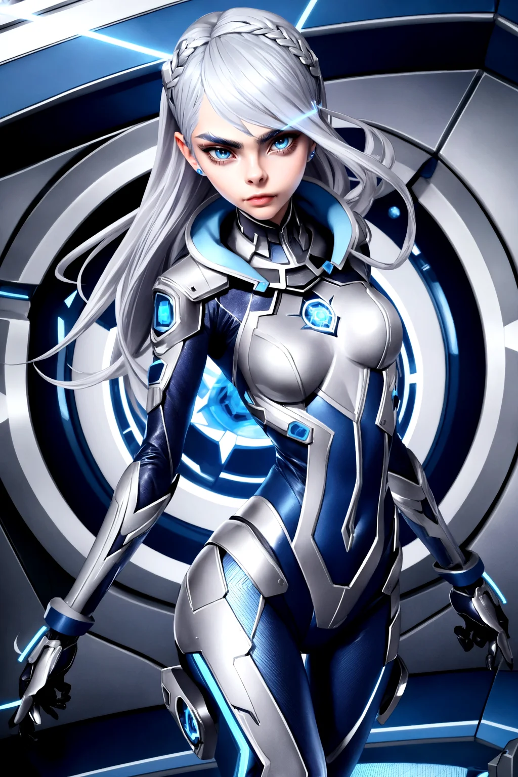 a woman, (Cara Delevigne:1.05) silver hair in a blue geometric chamber, full covered suit detailed shading, high resolution, cinematic lighting.
Tilted horizon, to add disorientation and action.dynamic pose