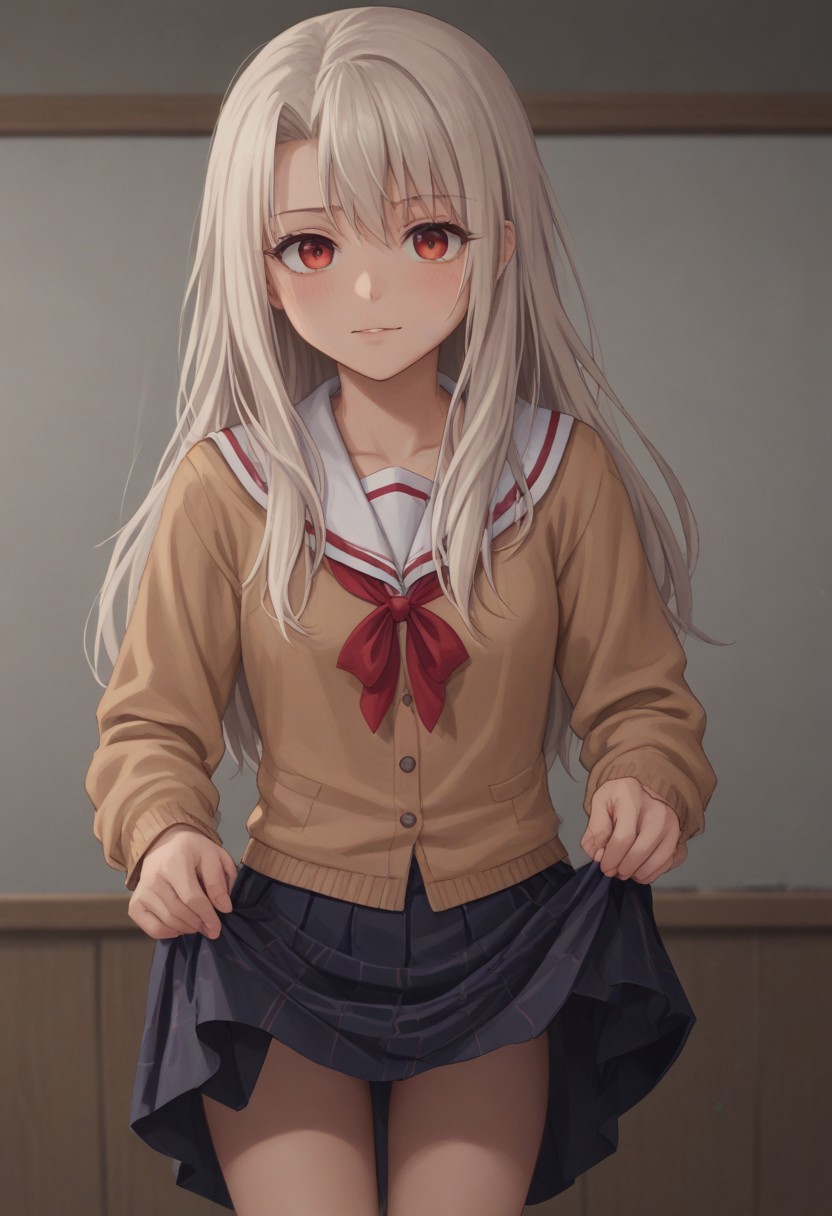 score_9, score_8_up, score_7_up, score_6_up, source anime, best quality, (masterpiece),  soft body, official art, [illustration], [screencap], realistic anime style, realistic, vibrant colors, saturation, detailed, Illyasviel Von Einzbern, white hair, red eyes, long hair, school uniform, skirt lift,