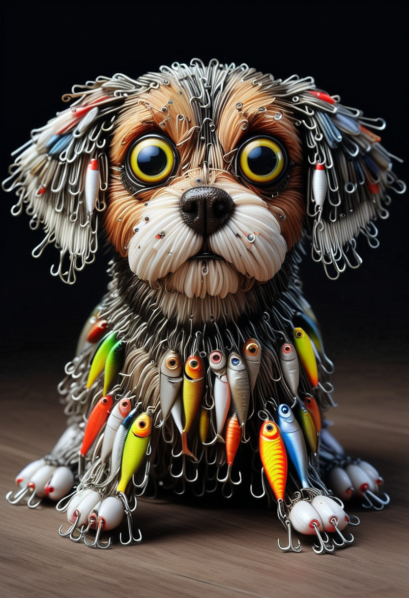 F15HLUR35, a cute dog is made of fishing lures, detailed face, (big eyes:0.9), detailed eyes, ,Masterpiece,best quality, raw photo, realistic, very aesthetic