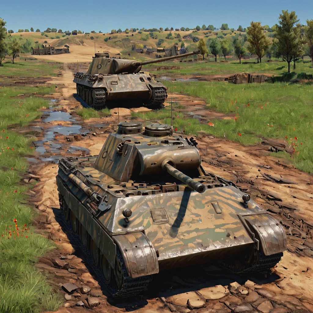 In the aftermath of a battle in the French countryside, a damaged pnthrtnk tank is surrounded by American troops inspecting the vehicle. The interaction captures a moment of quiet following the chaos of battle, with the lush French landscape serving as a backdrop to the war's moving front lines  ((pulp_comic, heavy_lines, hand_drawn, hand_inked, hand_colored, perfect_face, apxlz))