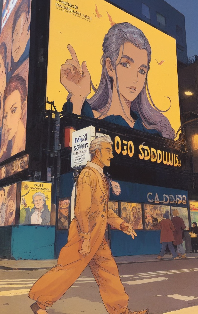 artwork <lora:Moebius:1>, outdoor at evening, 1man 60yo (Caio Sousa Cardoso:1.3), French Knot hair do a walk, village, billboard