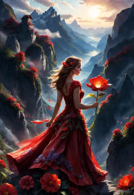 butifl girl, the scarlet flower glows, mountains, magical light,