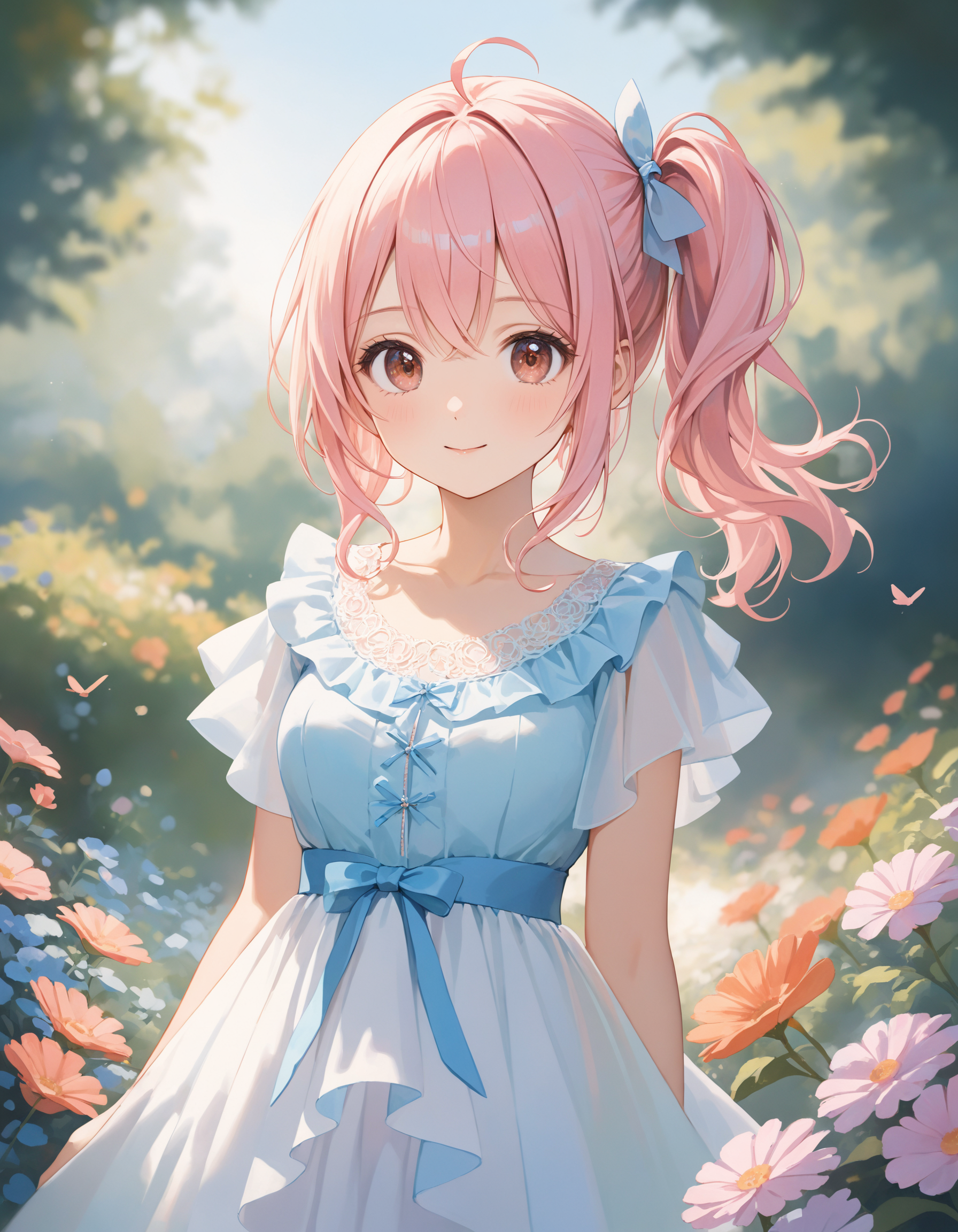 SceneDescription:
  - Composition: Portrait. Face focus. Shooting from front.
  - Subject: A cute girl.
    - Characteristics:
      - Face: (Cute round face:1.2).
      - Eyes: Detailed brown eyes.
      - Hair: Wavy hair, (side ponytail:1.05), pale pink hair, ahoge and hair between eyes.
      - Body: Detailed slender body. Medium breasts.
      - Clothing: White chiffon a-line dress, flutter short sleeves, layered ruffled skirt and ribbon waist.
      - Expression: Happy expression. Close mouth.
      - Posing: Contrapposto. Head tilt. Looking at viewer.
  - Background: Fashionable flower garden.
    - Elements: Blue sky.
Time: Daytime.
Lighting: (Natural lighting:1.4).
ArtStyle: Watercolor. Traditional media. Blurry. Pale pastel colors.
Quality: Intricate details. Extremely detailed. Outstanding intricacies. (Masterpiece:1.2). (Best quality:1.2). (Absurdres absolutely resolution:1.4).
Mood: Pastel atmosphere.