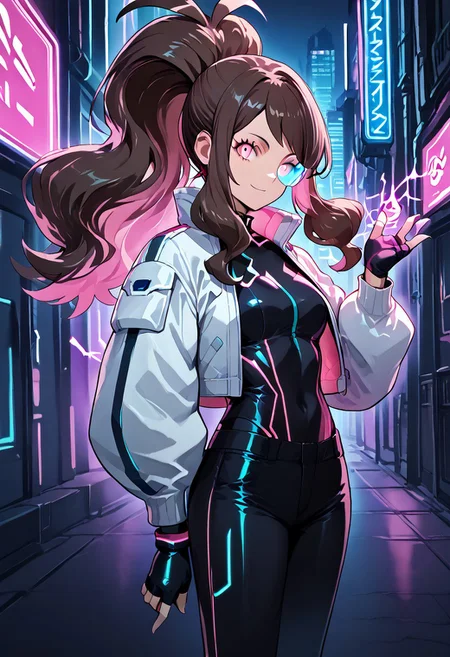 score_9, score_8_up, score_7_up, score_6_up, score_5_up, score_4_up, source_anime, solo, 1girl, 
zzHildaLuxCitron, pink eyes, brown hair, high ponytail, long hair, multicolored hair, pink hair, ponytail, sidelocks,  white jacket, long sleeves, shiny, pants, black gloves, cyberpunk, scouter, 
masterpiece, best quality, very aesthetic, absurdres,