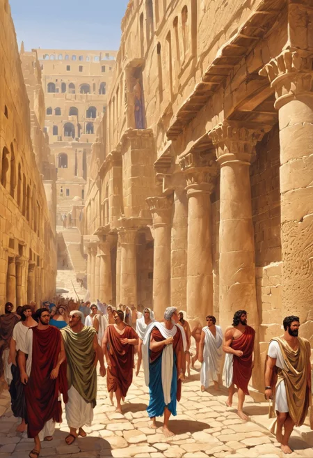 people walking in the streets Alexandria in the era of Alexander the Great, people wearing greek clothes, castle (gold:0.9), (chromium:0.9) <lora:EpicF4nta5yXL:0.8>