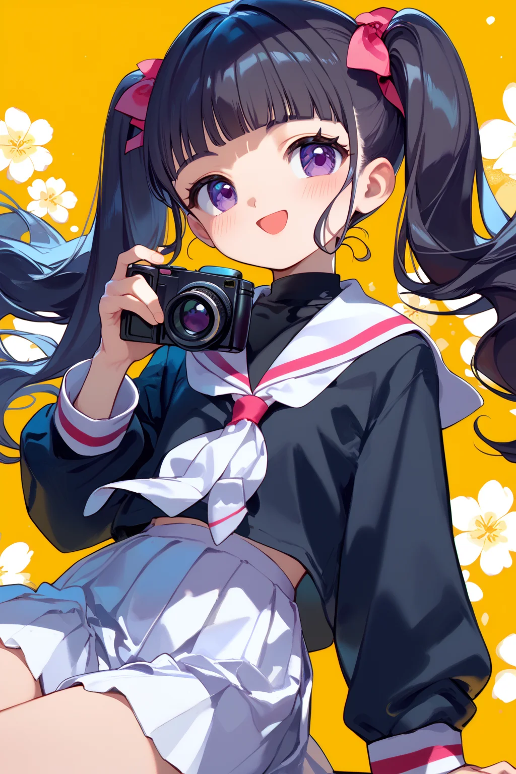 score_9, score_8_up, score_7_up, source_anime,
simple background,
cowboy shot,
sitting, holding small camera, blush, open smile,
<lora:tomoyo_autismConfetti_v01:1>
black hair, blunt bangs, long hair, purple eyes, twintails,
tomoeda elementary school uniform, black shirt, sailor collar, school uniform, white sailor collar, long sleeves, white pleated skirt,, zPDXL