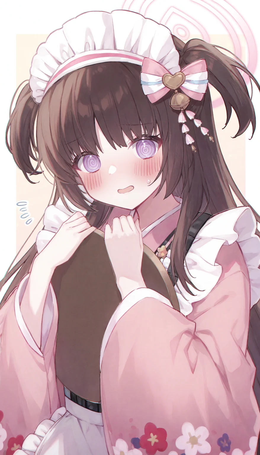 1girl, @_@, halo, maid headdress, blush, purple eyes, solo, pink kimono, japanese clothes, wa maid, two side up, long hair, looking at viewer, kimono, brown hair, maid, apron, bow, wide sleeves, white apron, long sleeves, hair bow, frills, frilled apron, floral print, open mouth, pink bow, holding, hair ornament, pink halo, tray, flying sweatdrops, holding tray,
masterpiece,best quality,newest,absurdres,highres,very awa,<lora:sei3_noob1.1-000200:0.8>,