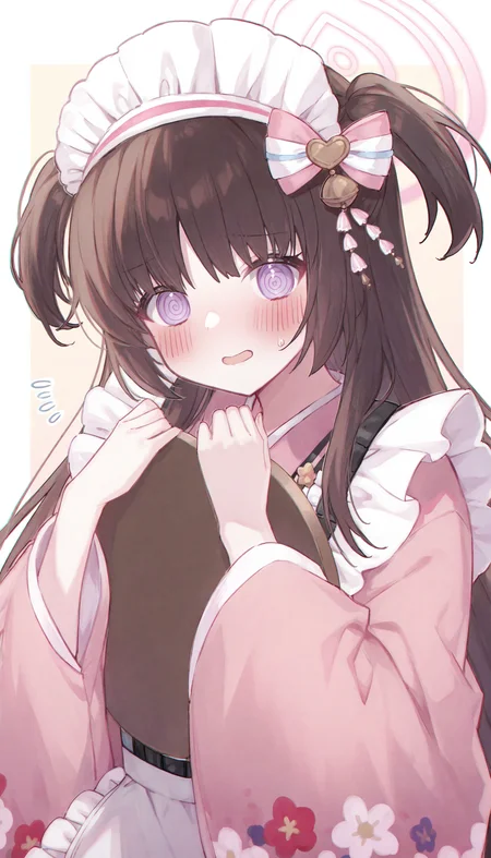 1girl, @_@, halo, maid headdress, blush, purple eyes, solo, pink kimono, japanese clothes, wa maid, two side up, long hair, looking at viewer, kimono, brown hair, maid, apron, bow, wide sleeves, white apron, long sleeves, hair bow, frills, frilled apron, floral print, open mouth, pink bow, holding, hair ornament, pink halo, tray, flying sweatdrops, holding tray,
masterpiece,best quality,newest,absurdres,highres,very awa,<lora:sei3_noob1.1-000200:0.8>,