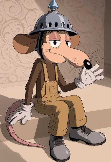 score_9, score_7_up, (masterpiece, extreme detail, best quality), solo focus, male, Werner Werman, mouse, black eyes, brown fur, whiskers, pointy nose, spiked helmet, rat tail, light brown overalls, lederhosen, grey footwear, grey shoes, perfect hands, white gloves, gloves, full-length portrait, skinny, petite, sitting, smile, half-closed eyes, smug, looking at viewer, flirty pose, source_photo, extremely detailed, pattern background, shadow, shading, hyperrealistic, bandaged tail