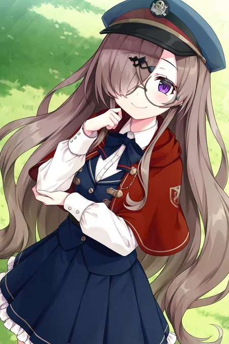 <lora:CURA IL:0.7>,Felicia,long hair,skirt,brown hair,hat,hair over one eye,pleated skirt,purple eyes,white shirt,shirt,glasses,miniskirt,long sleeves,round eyewear,very long hair,blue headwear,bow,capelet,blue skirt,black bow,shiny hair,bowtie,bangs,frilled skirt,floating hair,layered skirt,dress shirt,, 1girl,masterpiece,best quality,amazing quality,very aesthetic,absurdres,newest,8K,prefect face, uncensored,, looking at viewer,, smile,