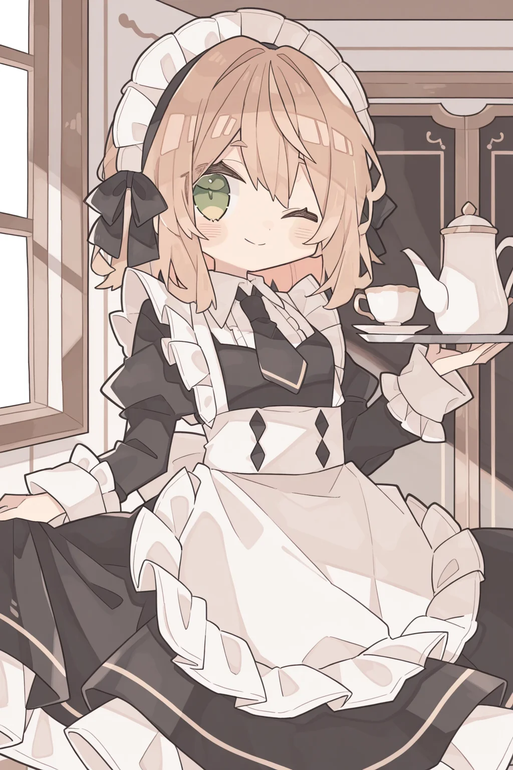 <lora:rororoyu:1>, rororoyu, 1girl, one eye closed, solo, smile, maid headdress, cup, skirt, long sleeves, looking at viewer, ;\), shirt, apron, maid, necktie, holding, tray, teacup, black skirt, frills, teapot, frilled sleeves, dress, holding tray, indoors,