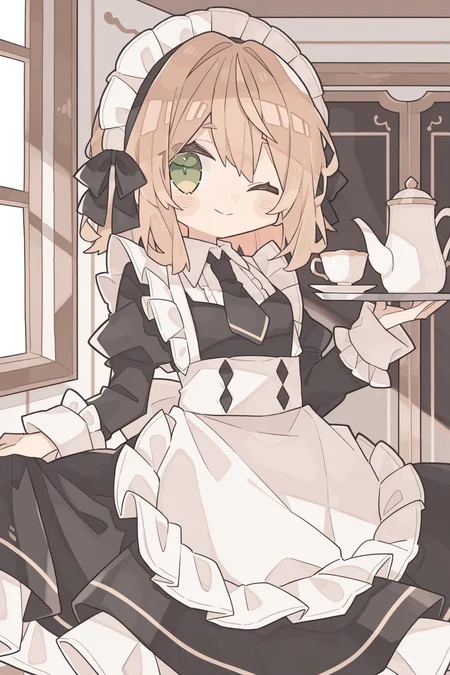 <lora:rororoyu:1>, rororoyu, 1girl, one eye closed, solo, smile, maid headdress, cup, skirt, long sleeves, looking at viewer, ;\), shirt, apron, maid, necktie, holding, tray, teacup, black skirt, frills, teapot, frilled sleeves, dress, holding tray, indoors,