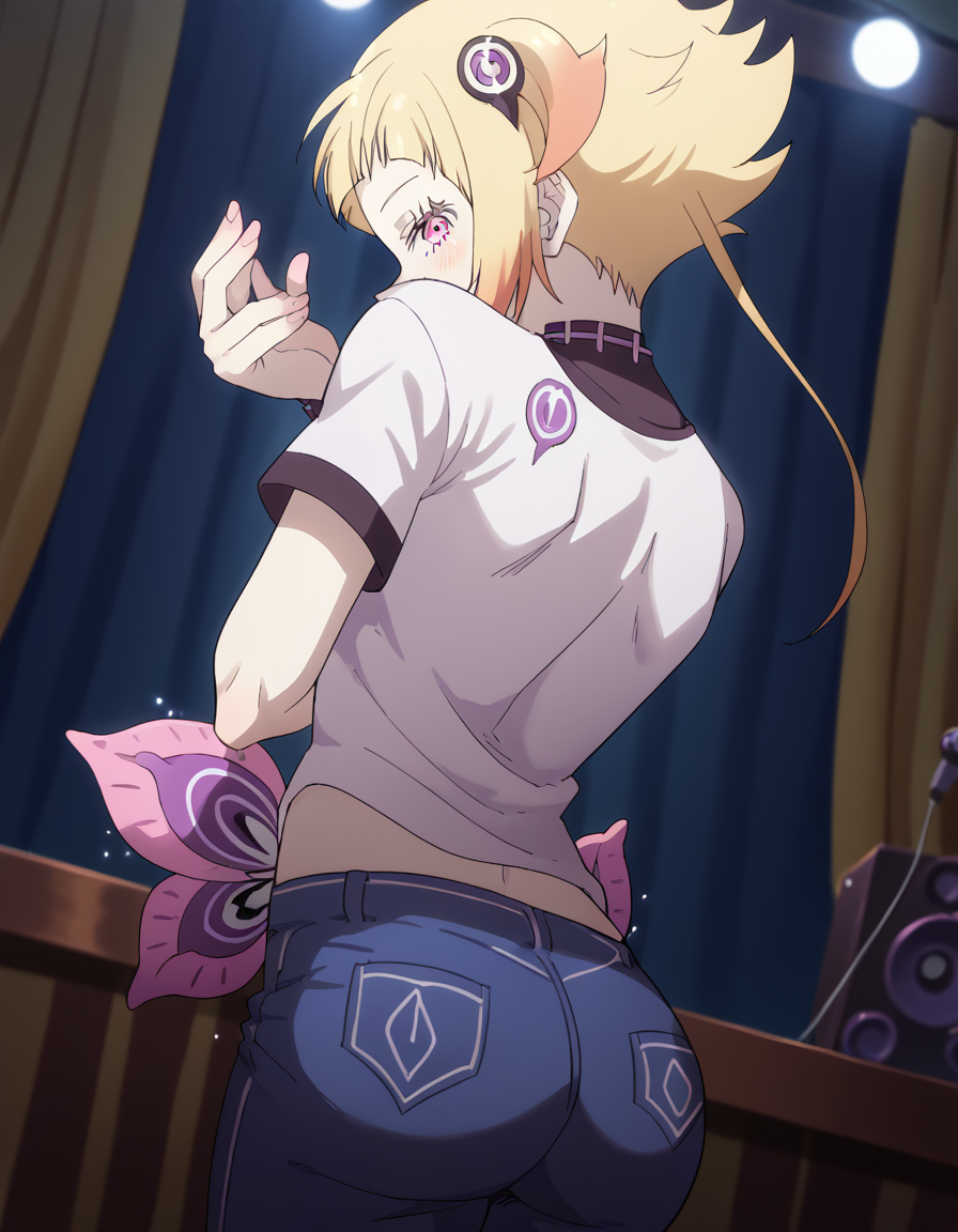 score_9, score_8_up, score_7_up, source_anime, <lora:capella-emerada-lugunica-s3-p1-ponyxl-lora-nochekaiser:1>, capella emerada lugunica, short hair, blonde hair, hair ornament, pink eyes, multicolored hair, gradient hair,, shirt, t-shirt, white shirt, pants, denim pants,, nightclub, lights, music, dance, drinks, smile, <lora:dio-brandos-pose-ponyxl-lora-nochekaiser:1>, dio brandos pose, dio brando's pose (jojo), back, ass, from behind, jojo pose, standing, blush, smile, bed room,, looking at viewer, solo,, dutch angle, cowboy shot