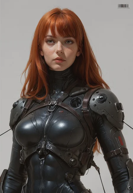 safe_pos, mcnm, 1girl, upper body, freckles, long hair, bangs,

medium breasts, 

mech suit, armor, synthetic, leather straps, nylon, tactical, barcode, unzipped,

simple background,

score_8, score_9_up,