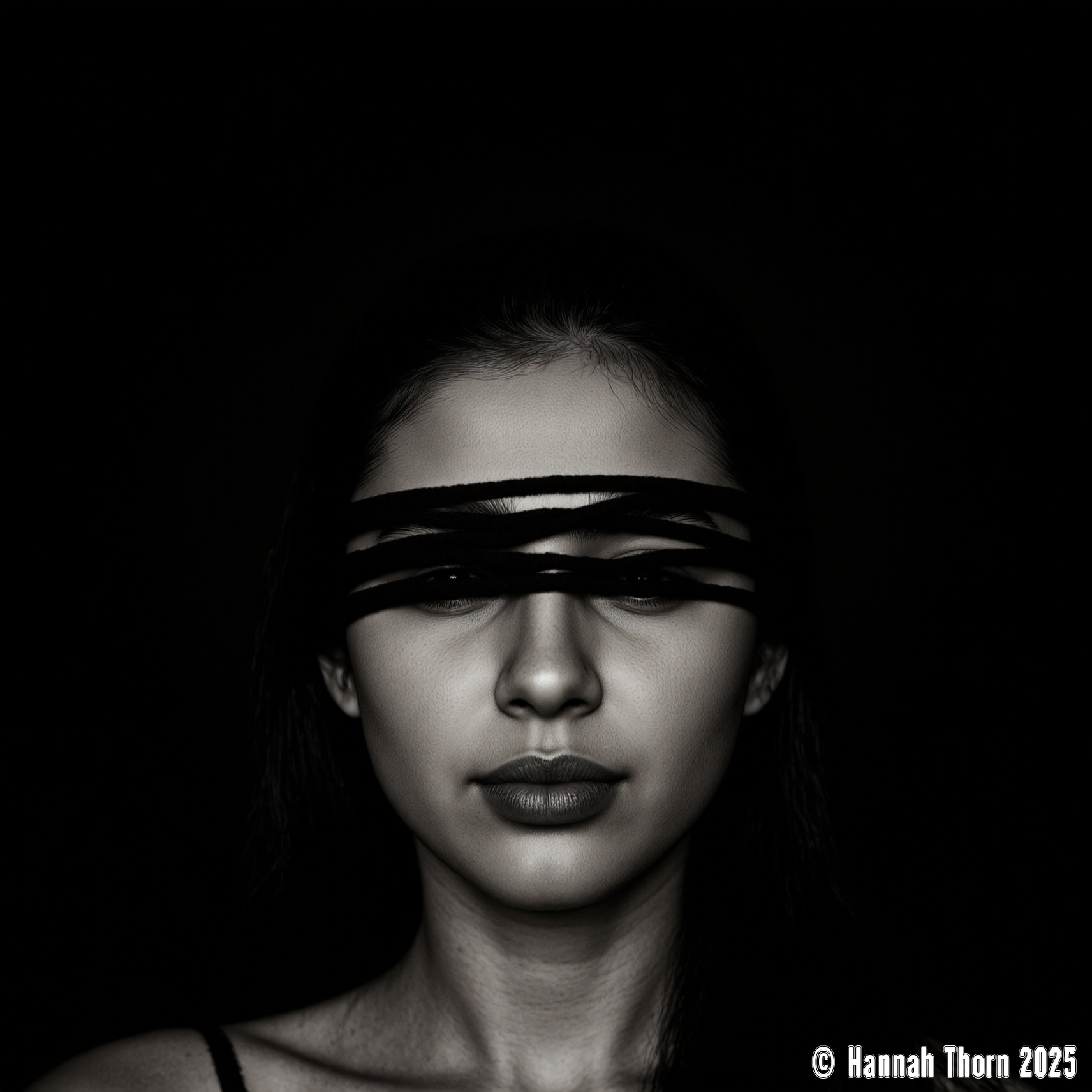 A close-up, melancholic portrait of a young woman, her expression hidden by strands of dark yarn, in the dramatic chiaroscuro of Caravaggio, evoking veiled sorrow, in the style of Ruslan Lobanov. Shot on 35mm film with an 85mm lens at f/2.8, achieving shallow depth and cinematic bokeh. Harsh side lighting casts intense, textural shadows. Heavy vignetting focuses the gaze. Post-processed with extreme desaturation, high contrast, emulating a platinum print.<lora:_Flux\_Skin_Appearance\detailifier_flux-000006.safetensors:0.8000000000000002:0.8000000000000002>