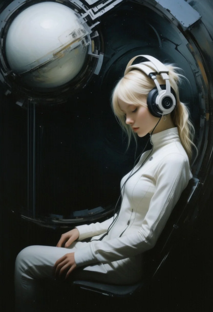 young female,liminal space, Synthesis, Phase Harmony, relief, Silk, Fourier, Bekeshi and Surface, by Ashley Wood, mechanical and organic background, contrast of light and dark, surreal atmosphere. spaceship