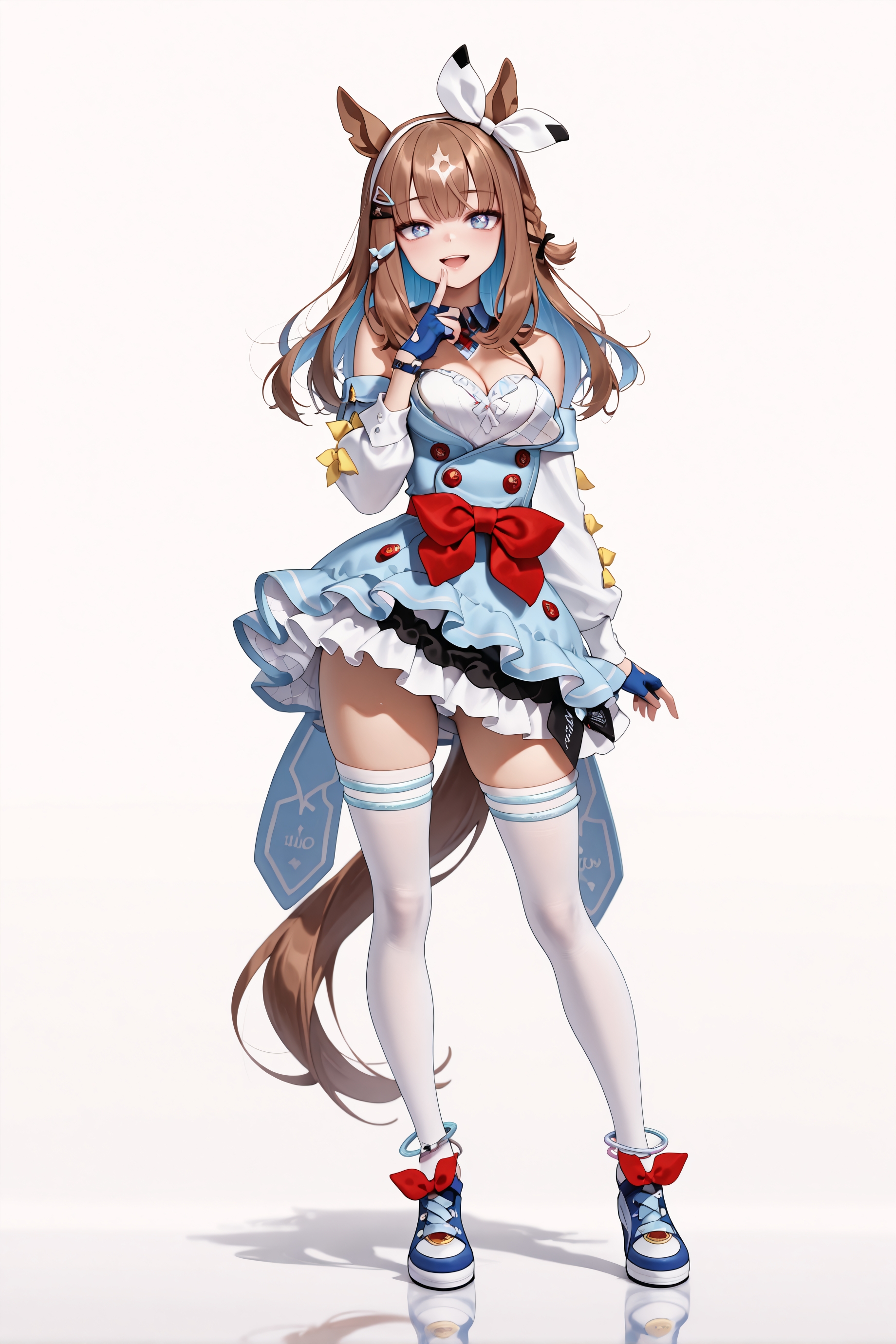 1girl, solo, almond eye \(umamusume\), horse girl, horse tail, umamusume, x-shaped pupils, hairclip, hair ornament, diamond hair ornament, hair bow, 
long legs, dress, detached sleeves, cleavage, white thighhighs, fingerless gloves, anklet, blue footwear, 
jitome, seductive smile, open mouth, 
standing, contrapposto, finger to chin, floating, 
white background, 
full body, looking at viewer, straight-on, <lora:almondeyeill10ill01v3:1>, 
masterpiece, best quality, amazing quality, very aesthetic, absurdres, highres, newest, <lora:xl_saturation_slider:0.1>, <lora:illustriousXLv01_stabilizer_v1.164:0.4>, <lora:reduce_wrinkles_illstriouosv0.1_ADDifT_2_in_1_v1.2:0.9>,