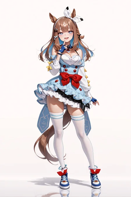 1girl, solo, almond eye \(umamusume\), horse girl, horse tail, umamusume, x-shaped pupils, hairclip, hair ornament, diamond hair ornament, hair bow,
long legs, dress, detached sleeves, cleavage, white thighhighs, fingerless gloves, anklet, blue footwear,
jitome, seductive smile, open mouth,
standing, contrapposto, finger to chin, floating,
white background,
full body, looking at viewer, straight-on, <lora:almondeyeill10ill01v3:1>,
masterpiece, best quality, amazing quality, very aesthetic, absurdres, highres, newest, <lora:xl_saturation_slider:0.1>, <lora:illustriousXLv01_stabilizer_v1.164:0.4>, <lora:reduce_wrinkles_illstriouosv0.1_ADDifT_2_in_1_v1.2:0.9>,