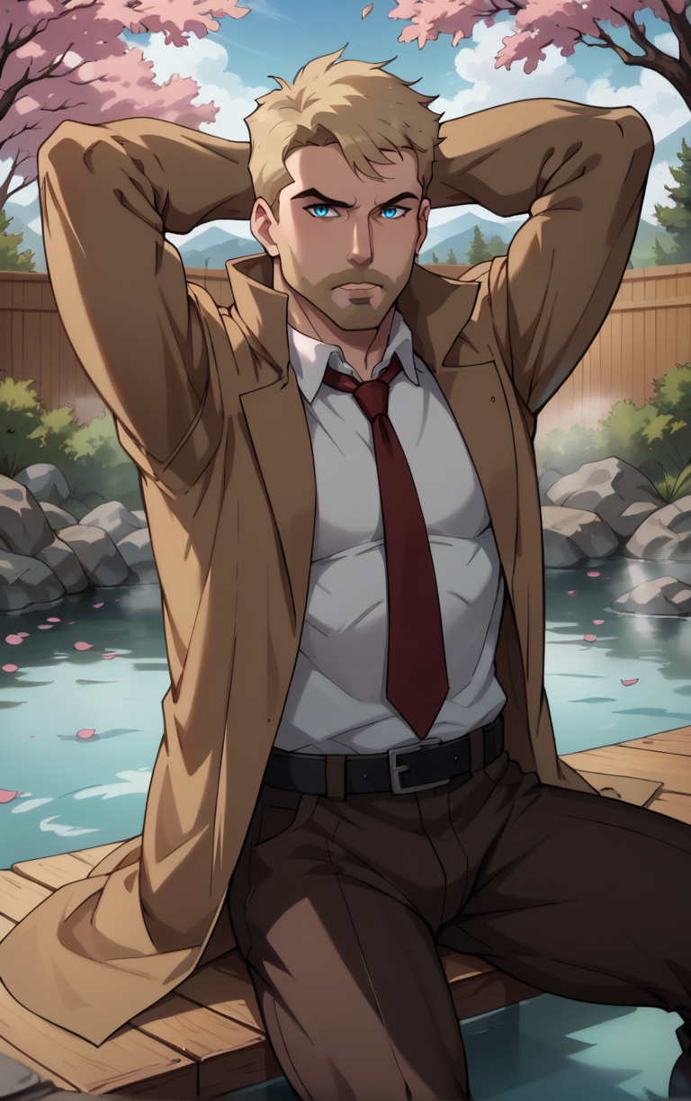 score_9, score_8_up, score_7_up, looking at viewer,  BREAK
DCAU_JL_JohnConstantine_ownwaifu, 
1boy, blonde hair, blue eyes, male focus, short hair, facial hair, mustache, 
red necktie, trench coat, white shirt, collared shirt, open coat, brown coat, belt, pants, coat, long sleeves, beard, brown jacket, formal, brown pants, popped collar, black belt, long coat
(sitting, soaking feet, arms behind head), onsen, mount fuji, cherry blossoms, falling petals, spring_(season), outdoors,<lora:PONYXL_DCAU_JL_JohnConstantine_ownwaifu:0.7>, depth of field, solo, Interesting Image, Captivating Image,