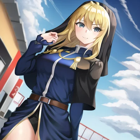 masterpiece, best quality, 1girl, Goeniko, blonde hair, looking at viewer, solo, parking lot